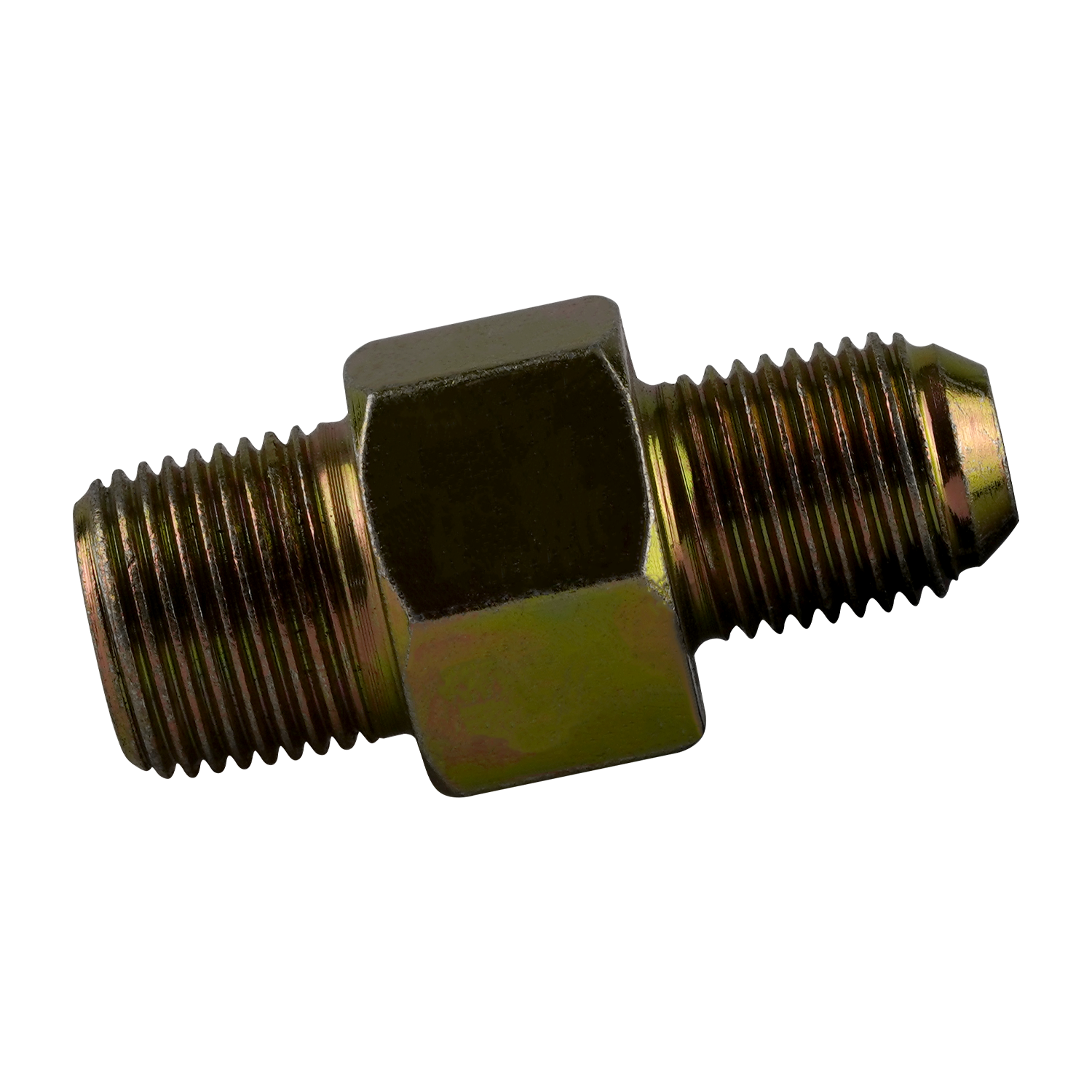 Close-up of a straight anti-burst fitting with a gold-colored hexagonal body and threaded ends. - Straight Anti Burst Fitting