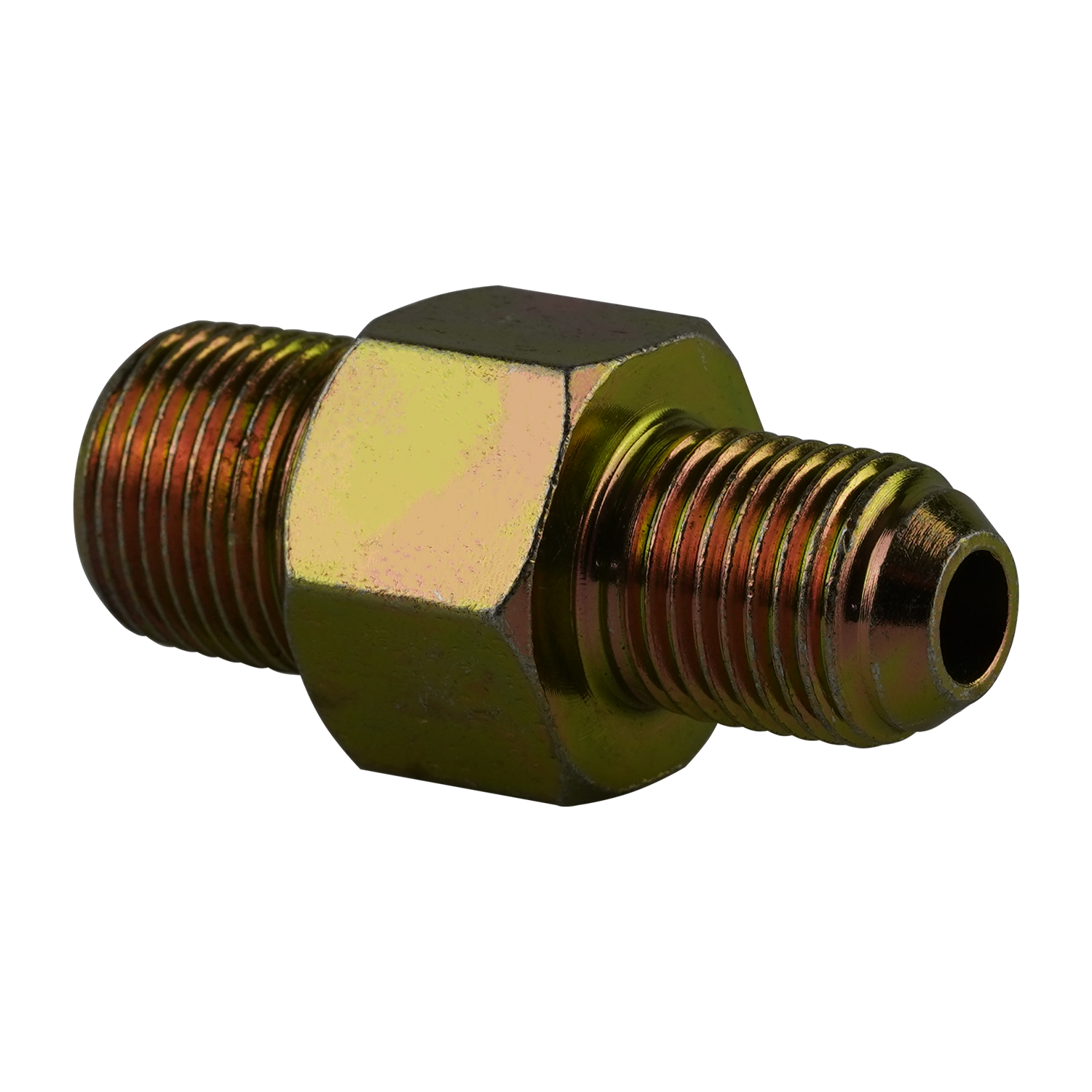 Close-up diagonal view of a straight anti-burst fitting with a gold-colored hexagonal body and threaded ends. - Straight Anti Burst Fitting