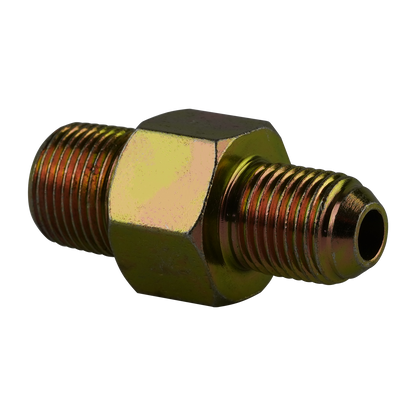 Close-up diagonal view of a straight anti-burst fitting with a gold-colored hexagonal body and threaded ends. - Straight Anti Burst Fitting