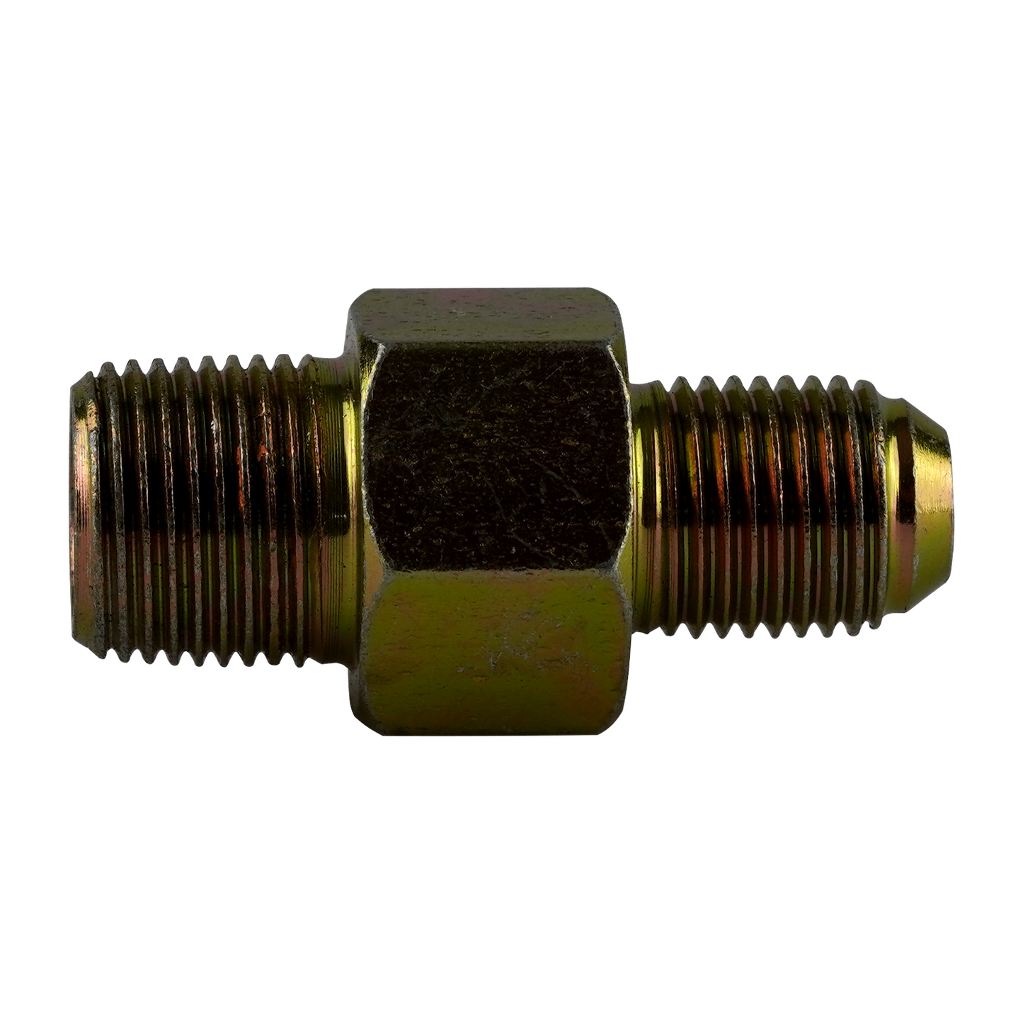 Close-up of a straight anti-burst fitting with a gold-colored hexagonal body and threaded ends, used in hydraulic systems to prevent bursts and ensure secure, reliable connections. - Straight Anti Burst Fitting