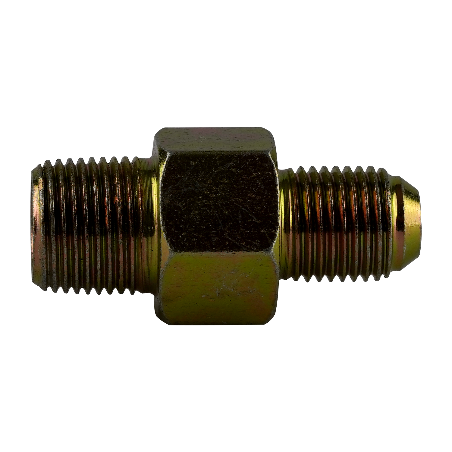 Close-up of a straight anti-burst fitting with a gold-colored hexagonal body and threaded ends, used in hydraulic systems to prevent bursts and ensure secure, reliable connections. - Straight Anti Burst Fitting