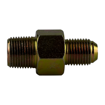 Close-up of a straight anti-burst fitting with a gold-colored hexagonal body and threaded ends, used in hydraulic systems to prevent bursts and ensure secure, reliable connections. - Straight Anti Burst Fitting