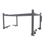 A 4-post car hoist equipped with highlighted caster kits attached to the base of each post. The caster kits include wheels, allowing for easy mobility of the hoist when needed