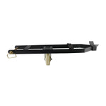 A side view of a caster kit for a 4-post car hoist, featuring a black frame and a white wheel. The kit includes a handle and brackets for securing the caster.