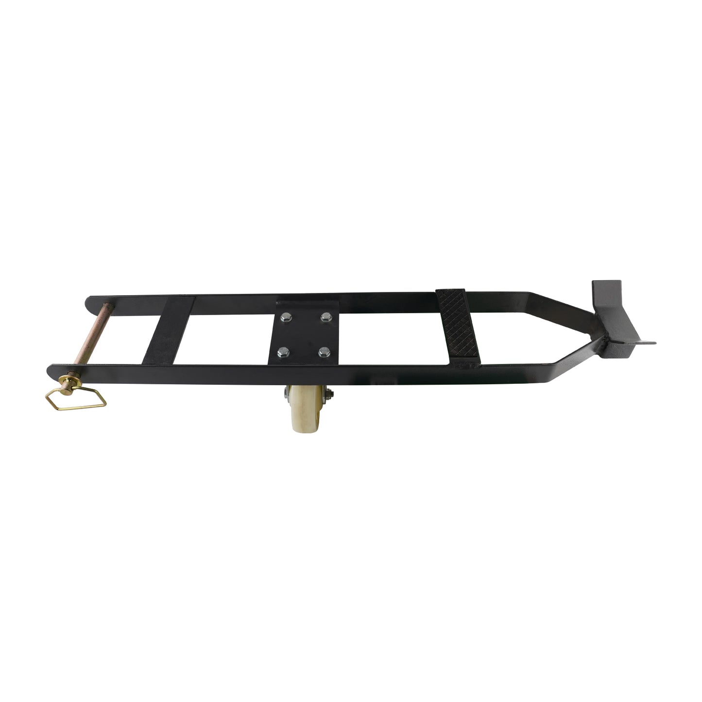 A top view of a caster kit for a 4-post car hoist, featuring a black metal frame and a white wheel. The kit includes a handle and support brackets for stability during movement.