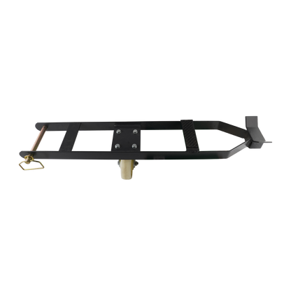 A top view of a caster kit for a 4-post car hoist, featuring a black metal frame and a white wheel. The kit includes a handle and support brackets for stability during movement.