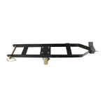 A top view of a caster kit for a 4-post car hoist, featuring a black metal frame and a white wheel. The kit includes a handle and support brackets for stability during movement.