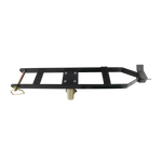 A top view of a caster kit for a 4-post car hoist, featuring a black metal frame and a white wheel. The kit includes a handle and support brackets for stability during movement.