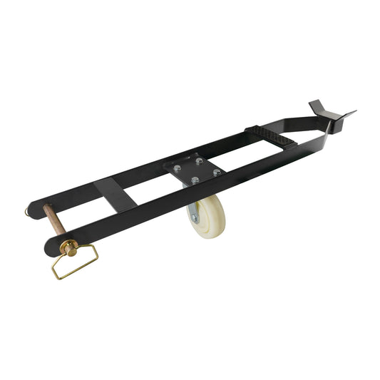 A caster kit for a 4-post car hoist, featuring a black metal frame and a white wheel for easy movement. The design includes a handle and support bracket for stability during use.