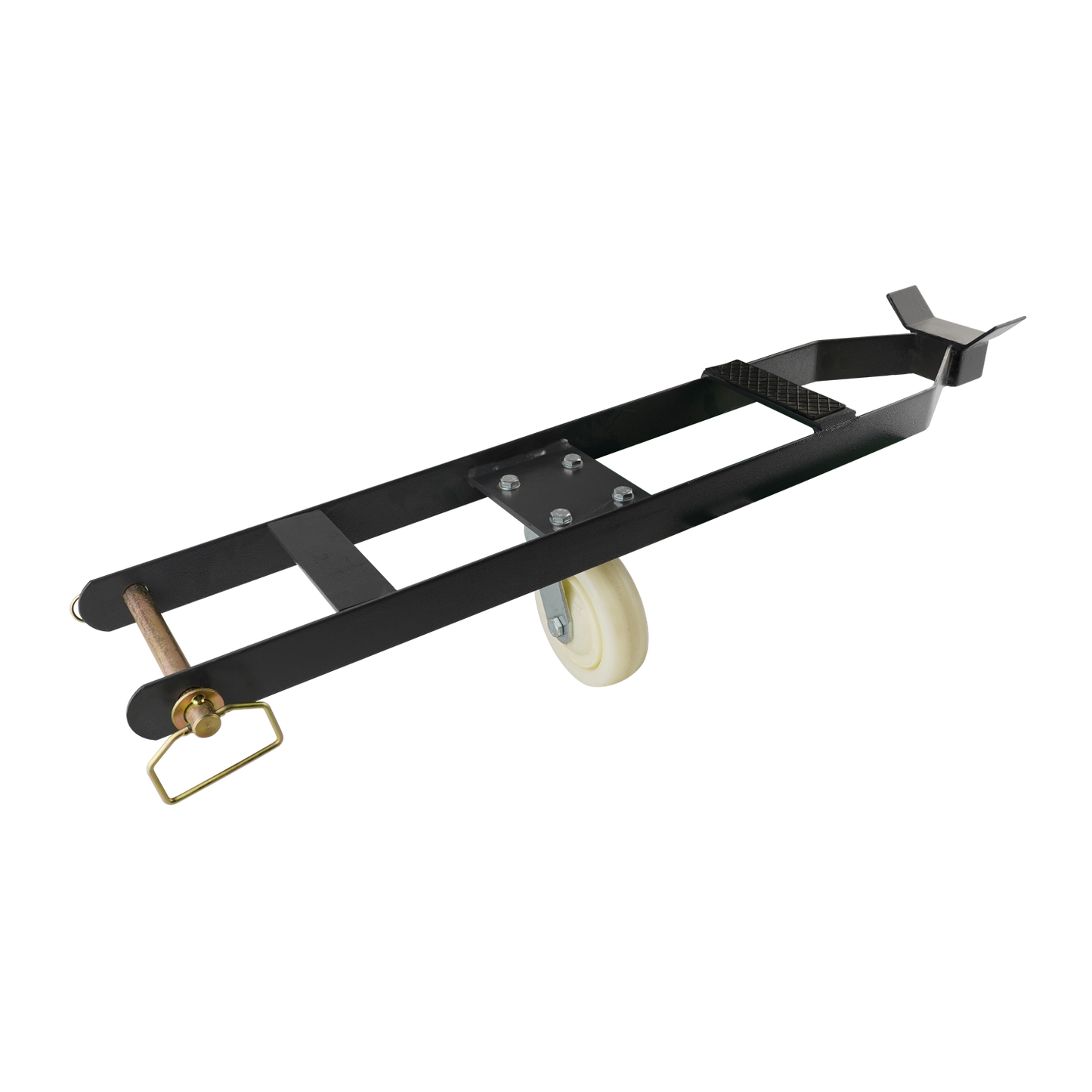 A caster kit for a 4-post car hoist, featuring a black metal frame and a white wheel for easy movement. The design includes a handle and support bracket for stability during use.