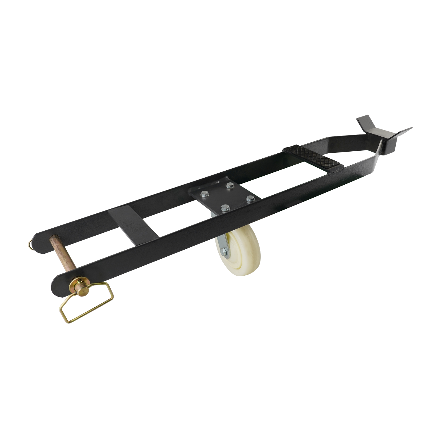 A caster kit for a 4-post car hoist, featuring a black metal frame and a white wheel for easy movement. The design includes a handle and support bracket for stability during use.