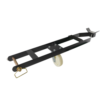 A caster kit for a 4-post car hoist, featuring a black metal frame and a white wheel for easy movement. The design includes a handle and support bracket for stability during use.