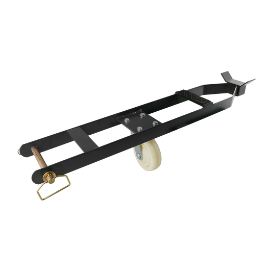 A caster kit for a 4-post car hoist, featuring a black metal frame and a white wheel for easy movement. The design includes a handle and support bracket for stability during use.