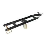 A caster kit for a 4-post car hoist, featuring a black metal frame and a white wheel for easy movement. The design includes a handle and support bracket for stability during use.