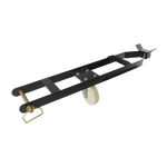 A caster kit for a 4-post car hoist, featuring a black metal frame and a white wheel for easy movement. The design includes a handle and support bracket for stability during use.