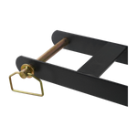 A close-up view of a securing pin on a caster kit for a 4-post car hoist, attached to a black metal frame.