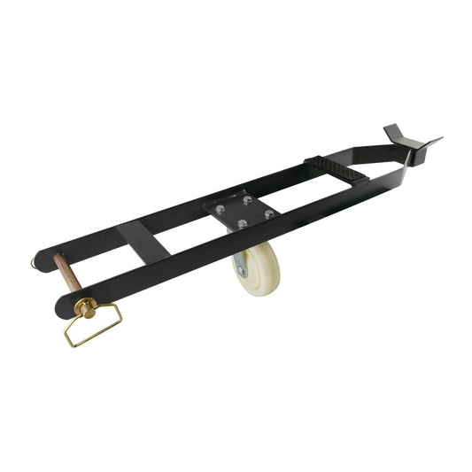 A black caster kit for a 4-post car hoist, featuring a sturdy frame and a white wheel for easy mobility. The kit includes a handle for maneuvering and a support bracket for stability during movement.