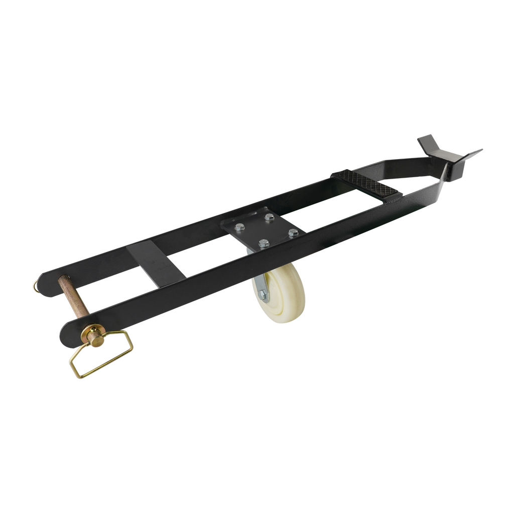 A black caster kit for a 4-post car hoist, featuring a sturdy frame and a white wheel for easy mobility. The kit includes a handle for maneuvering and a support bracket for stability during movement.