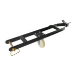 A black caster kit for a 4-post car hoist, featuring a sturdy frame and a white wheel for easy mobility. The kit includes a handle for maneuvering and a support bracket for stability during movement.