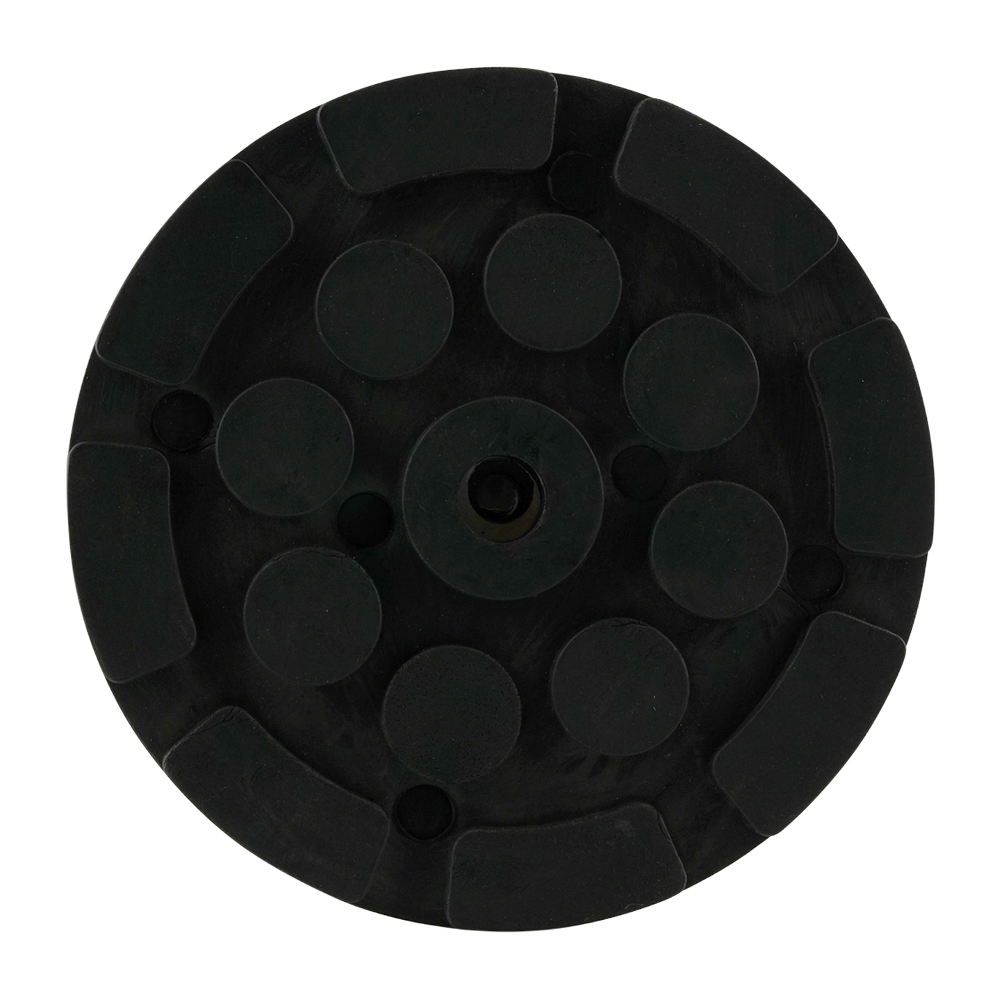 Font view of black circular hoist pad with a central hole and raised round sections, designed for use with car hoists to provide stability and grip.