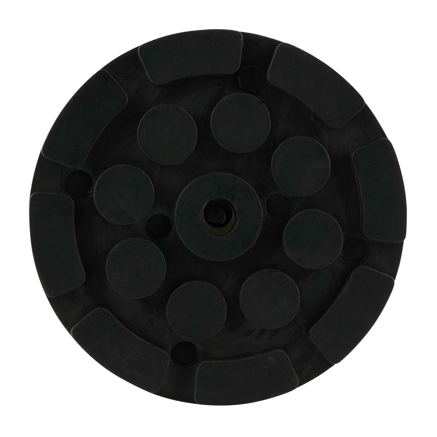 Font view of black circular hoist pad with a central hole and raised round sections, designed for use with car hoists to provide stability and grip.