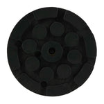 Font view of black circular hoist pad with a central hole and raised round sections, designed for use with car hoists to provide stability and grip.