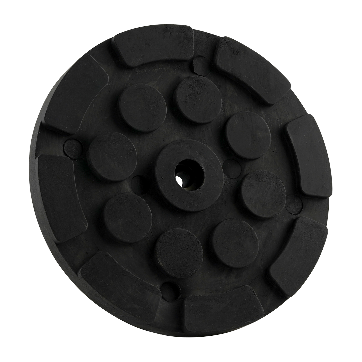 Black circular hoist pad with a central hole and raised sections, designed for use with car hoists to provide stability and grip.