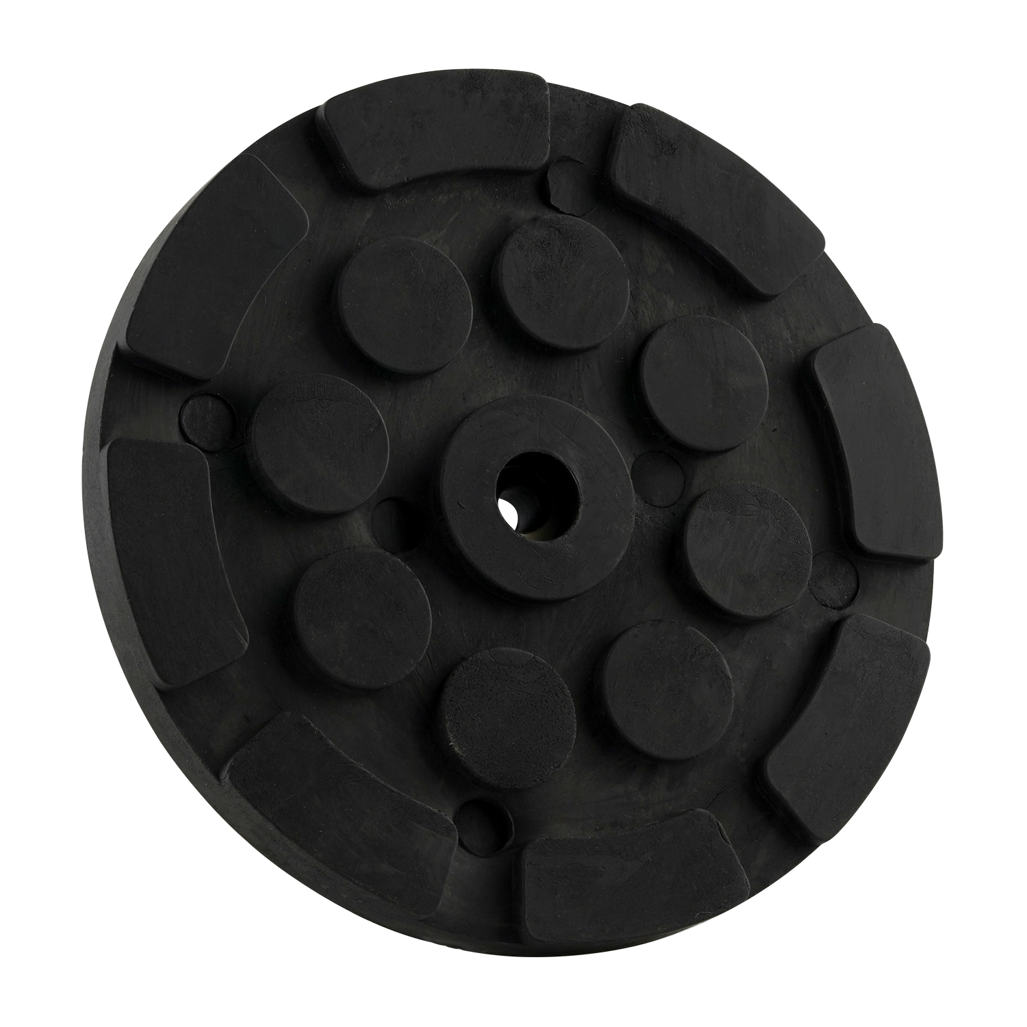 Black circular hoist pad with a central hole and raised sections, designed for use with car hoists to provide stability and grip.