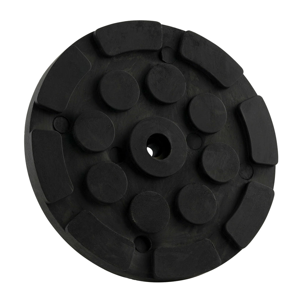 Black circular hoist pad with a central hole and raised sections, designed for use with car hoists to provide stability and grip.