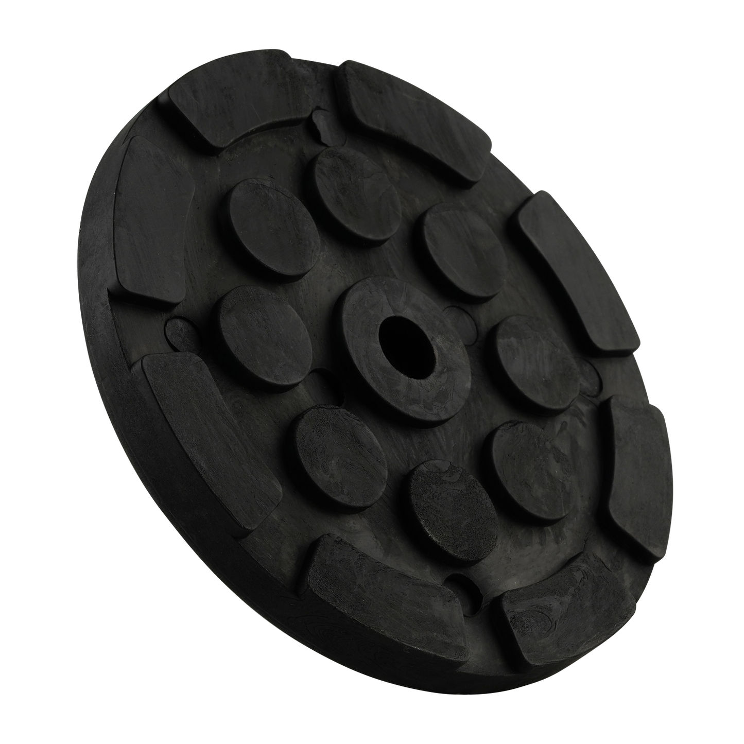 Black circular car hoist pad with a central hole and raised sections for stability and grip, designed for use with hoists.