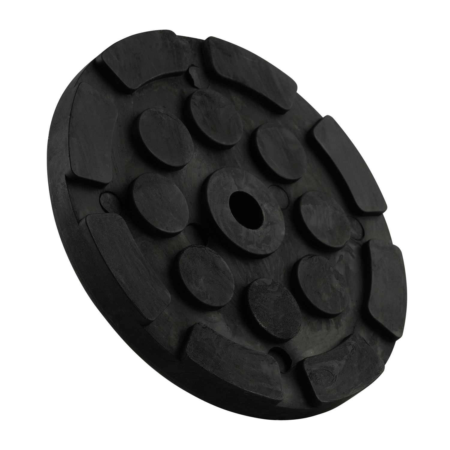 Black circular car hoist pad with a central hole and raised sections for stability and grip, designed for use with hoists.