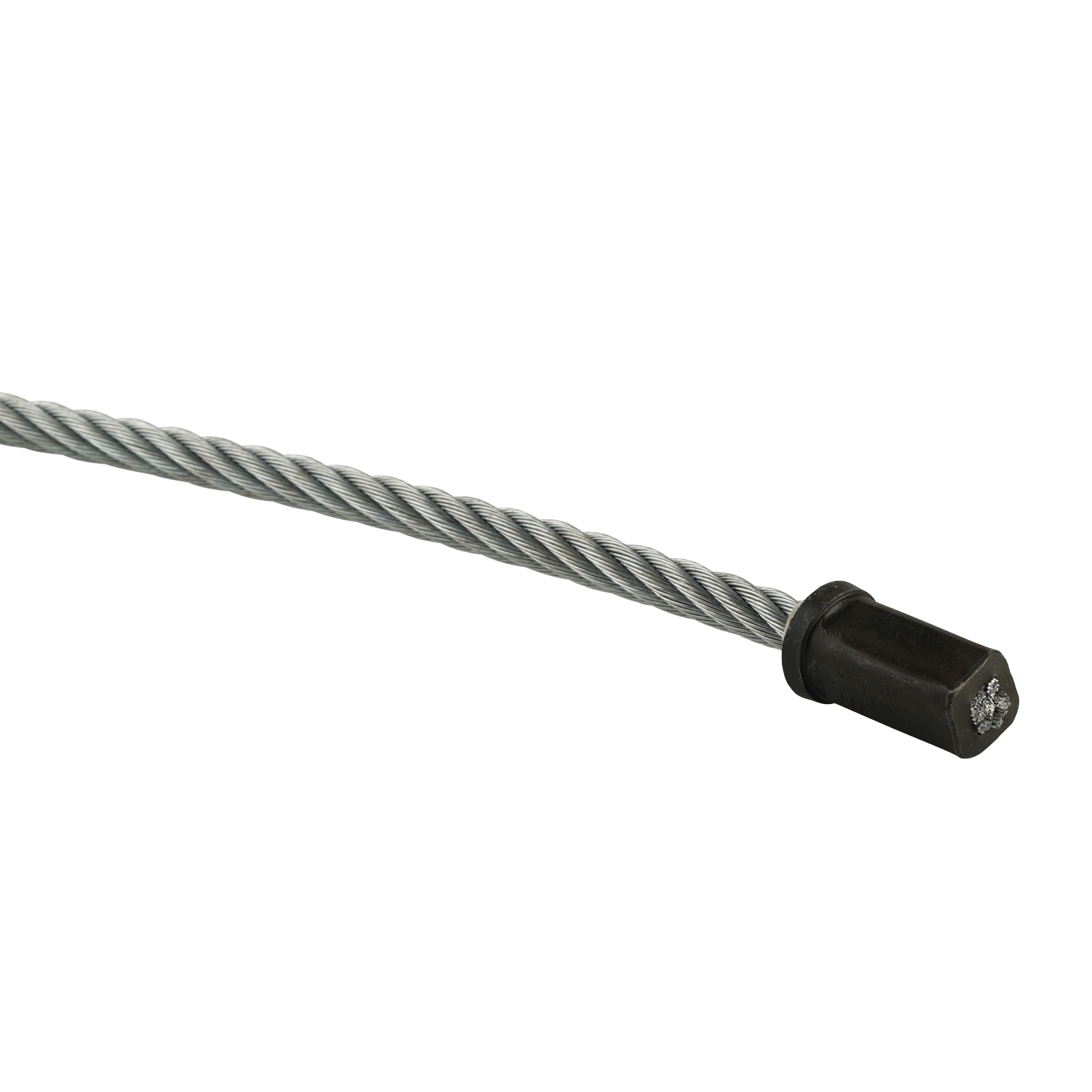 This image shows the opposite end of a 4-post car hoist cable, featuring a crimped hexagonal termination. The cable itself has a diameter of 12.7mm, and this solid end piece provides a secure attachment point for use with car hoists.