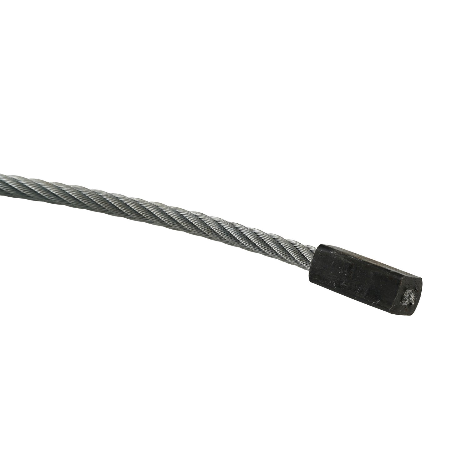 This image shows a close-up of the end of a 2 Post Car Hoist Cable, highlighting a crimped rectangular fitting attached to the cable strands. The cable appears to be steel and is tightly coiled for strength and durability, with the fitting secured at the end for attachment to the hoist mechanism.