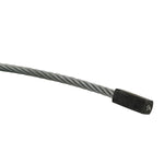 This image shows a close-up of the end of a 2 Post Car Hoist Cable, highlighting a crimped rectangular fitting attached to the cable strands. The cable appears to be steel and is tightly coiled for strength and durability, with the fitting secured at the end for attachment to the hoist mechanism.