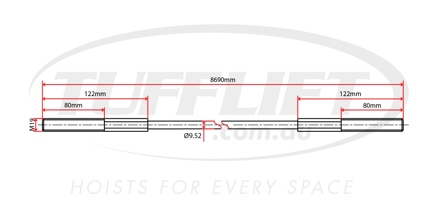 This is a technical drawing of a hoist cable with a total length of 8690mm, including M19 threads. The cable has a diameter of 9.52mm. The drawing also shows specific segment lengths, with 80mm and 122mm sections on either end. The diagram provides detailed measurements for installation and application in lifting systems, ensuring the correct sizing for equipment.