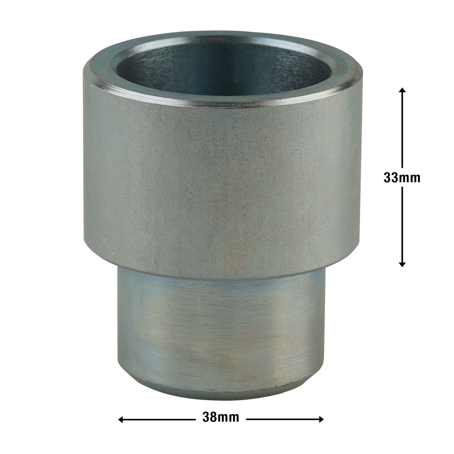 Front view of a silver adapter for hoist pad height adjusting, with width and height dimensions.
