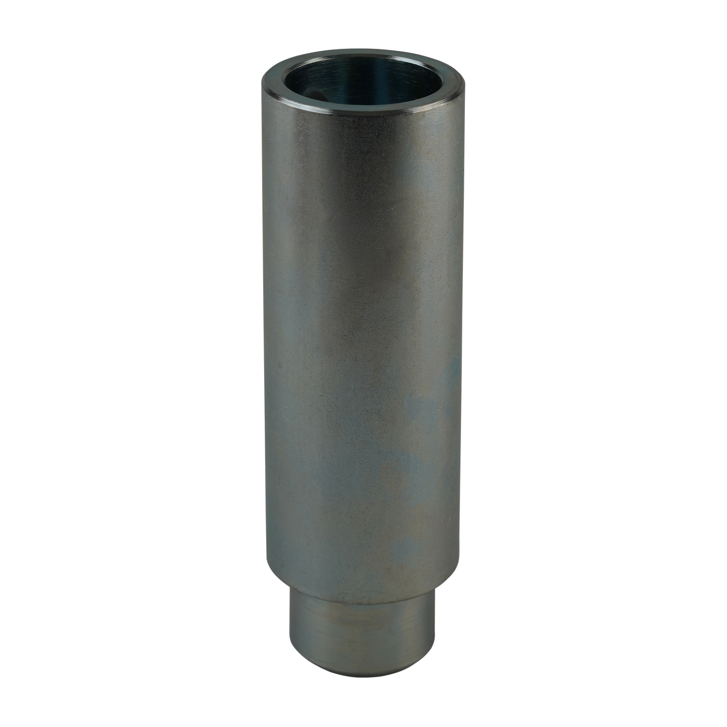 Front view of a metal pad height adaptor for automotive hoists, with a hollow top and smooth cylindrical design, used for lift height adjustments in automotive hoisting systems.