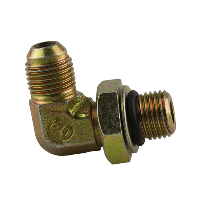 Brass hydraulic hose fitting with male and female threaded ends and a black rubber seal - Power Unit Fitting