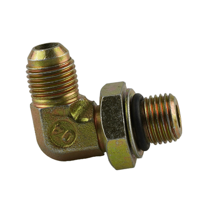 Brass hydraulic hose fitting with male and female threaded ends and a black rubber seal - Power Unit Fitting