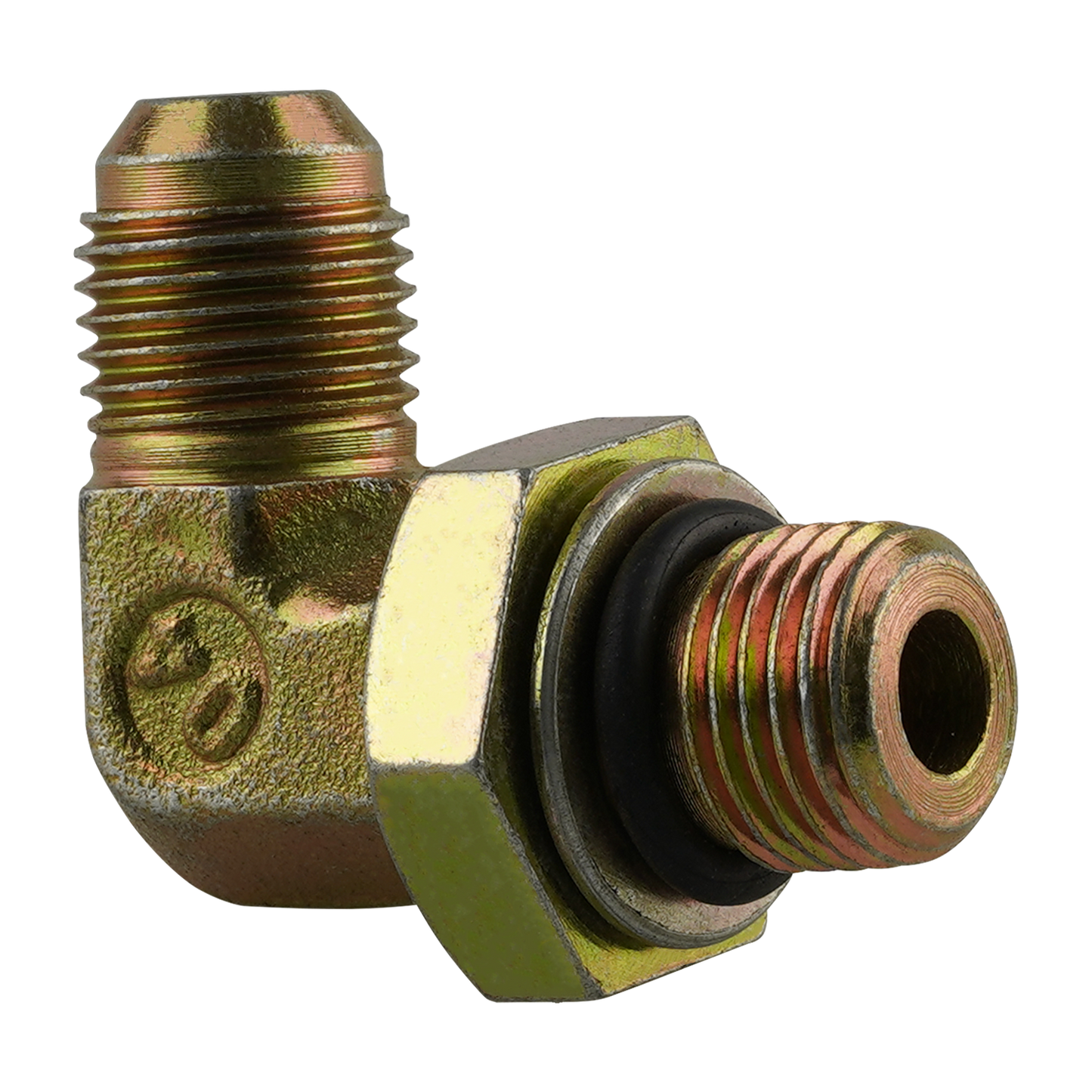 Brass hydraulic hose fitting with male and female threaded ends and a black rubber seal - Power Unit Fitting
