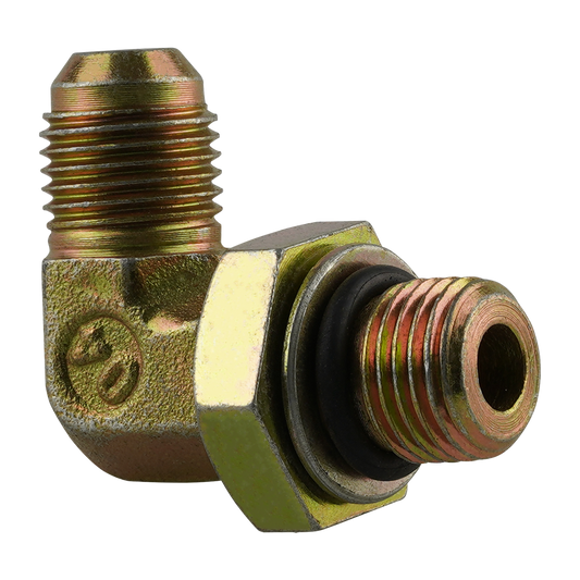 Brass hydraulic hose fitting with male and female threaded ends and a black rubber seal - Power Unit Fitting