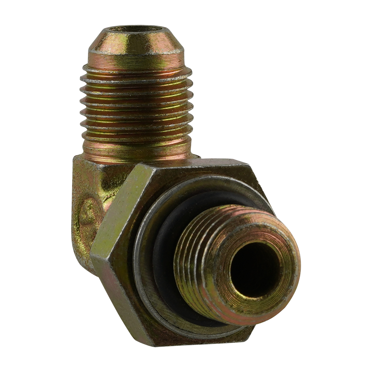 Brass hydraulic hose fitting with male and female threaded ends and a black rubber seal - Power Unit Fitting