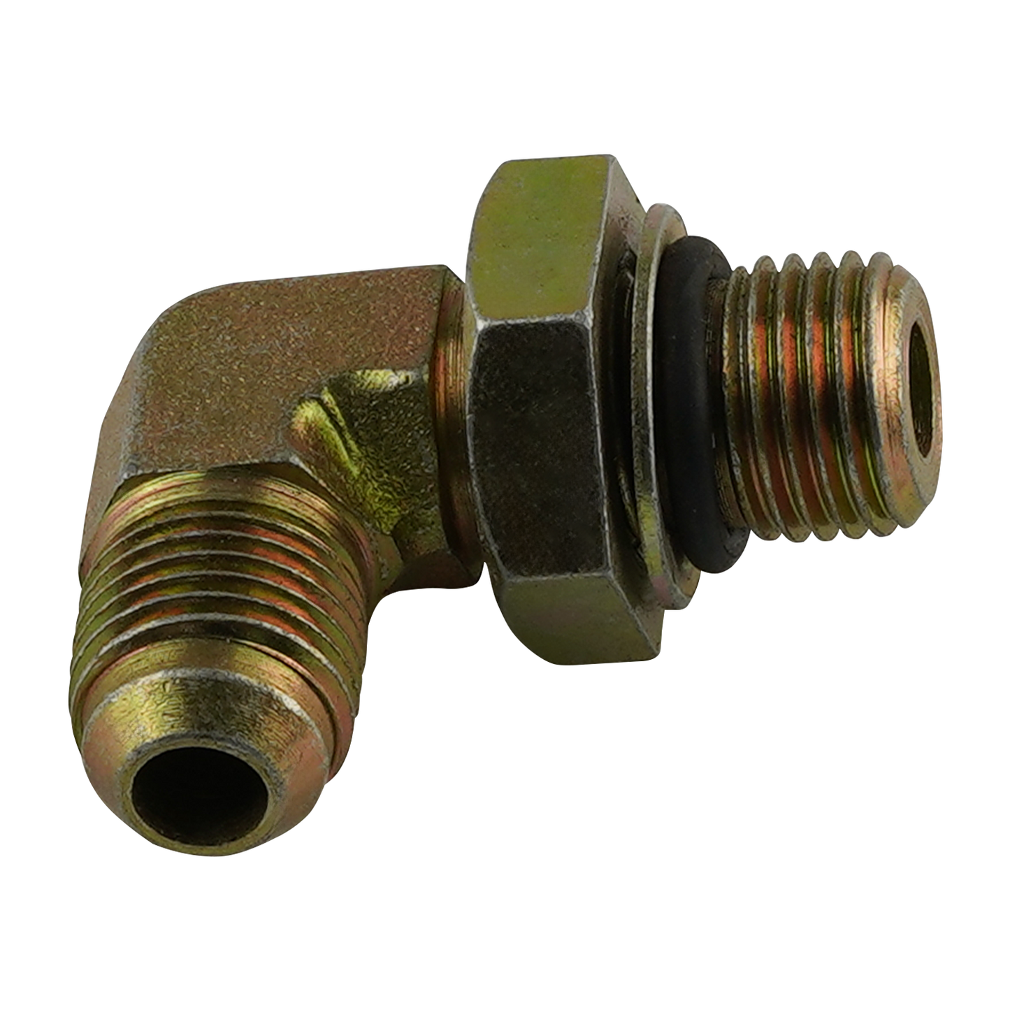 Brass hydraulic hose fitting with male and female threaded ends and a black rubber seal - Power Unit Fitting