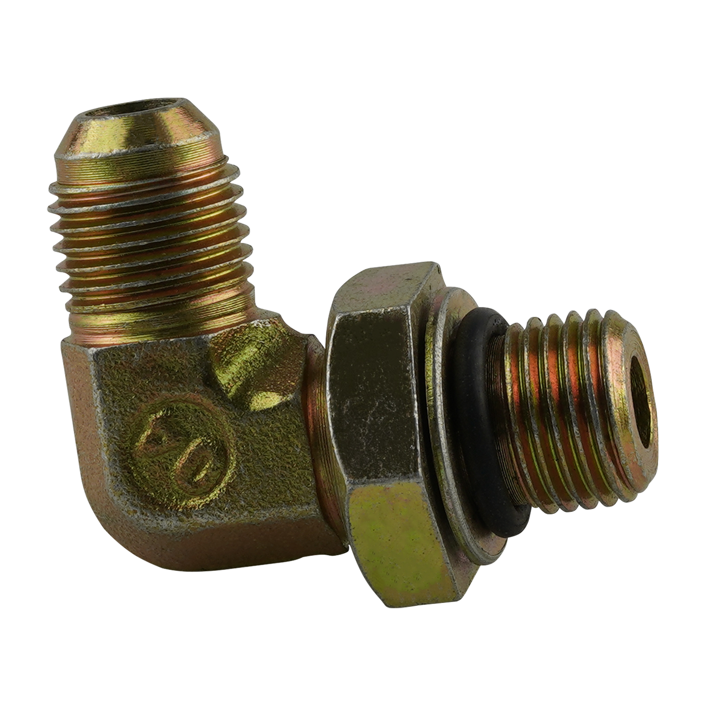 Brass hydraulic hose fitting with male and female threaded ends and a black rubber seal - Power Unit Fitting