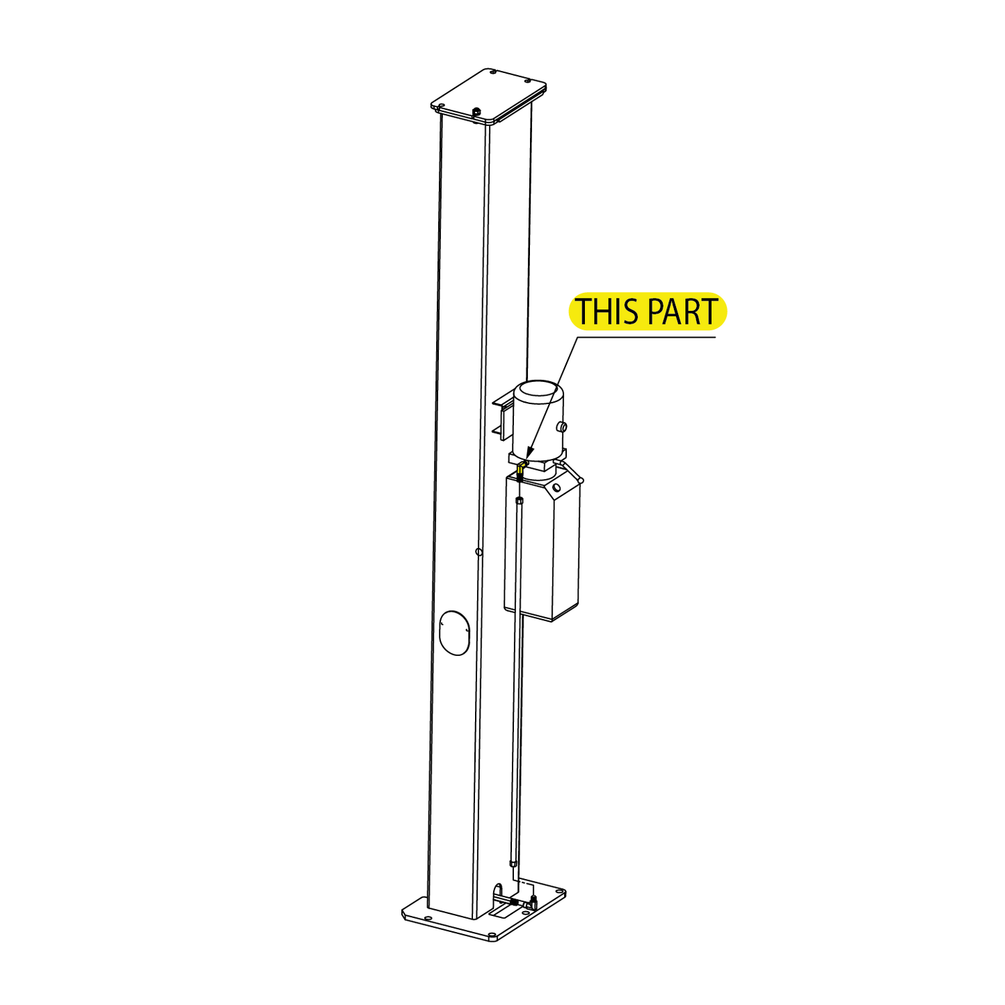 2D drawing of the Brass hydraulic hose fitting with male and female threaded ends and a black rubber seal - Power Unit Fitting and where it is placed or located in the TL4.0BP 2 post car hoist