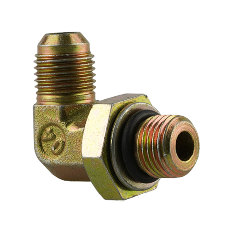 Brass hydraulic hose fitting with male and female threaded ends and a black rubber seal - Power Unit Fitting