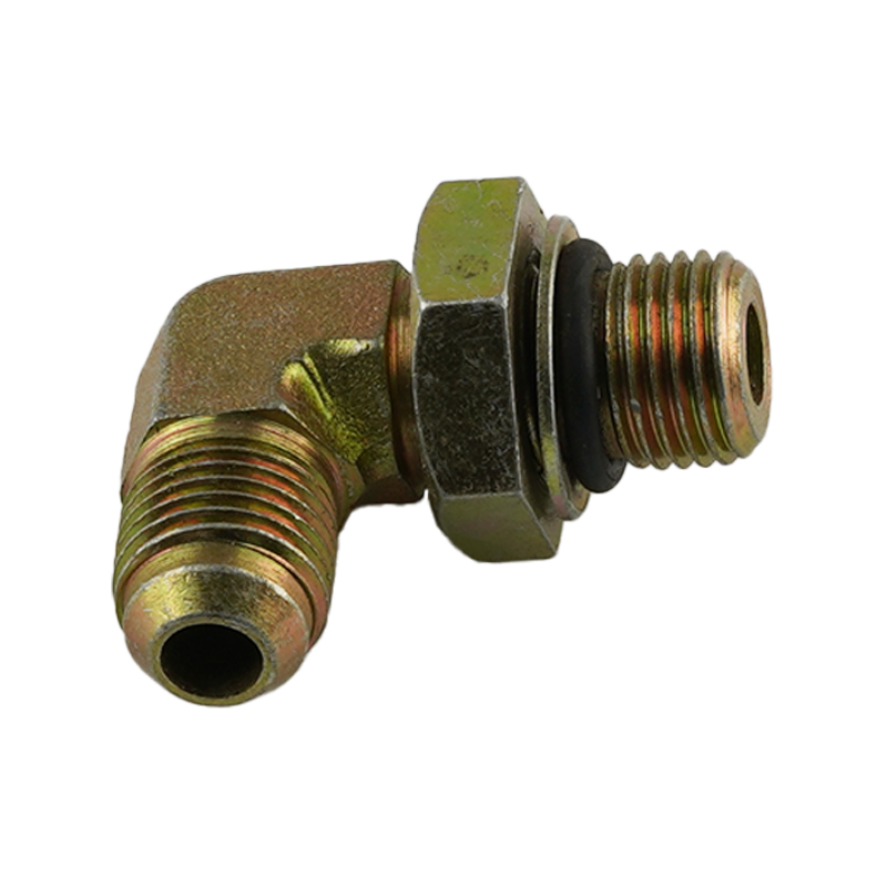 Brass hydraulic hose fitting with male and female threaded ends and a black rubber seal - Power Unit Fitting