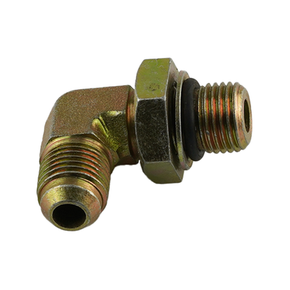 Brass hydraulic hose fitting with male and female threaded ends and a black rubber seal - Power Unit Fitting