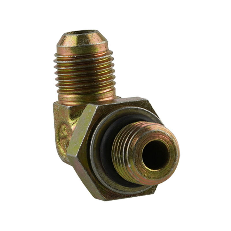 Brass hydraulic hose fitting with male and female threaded ends and a black rubber seal - Power Unit Fitting