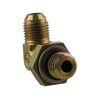 Brass hydraulic hose fitting with male and female threaded ends and a black rubber seal - Power Unit Fitting